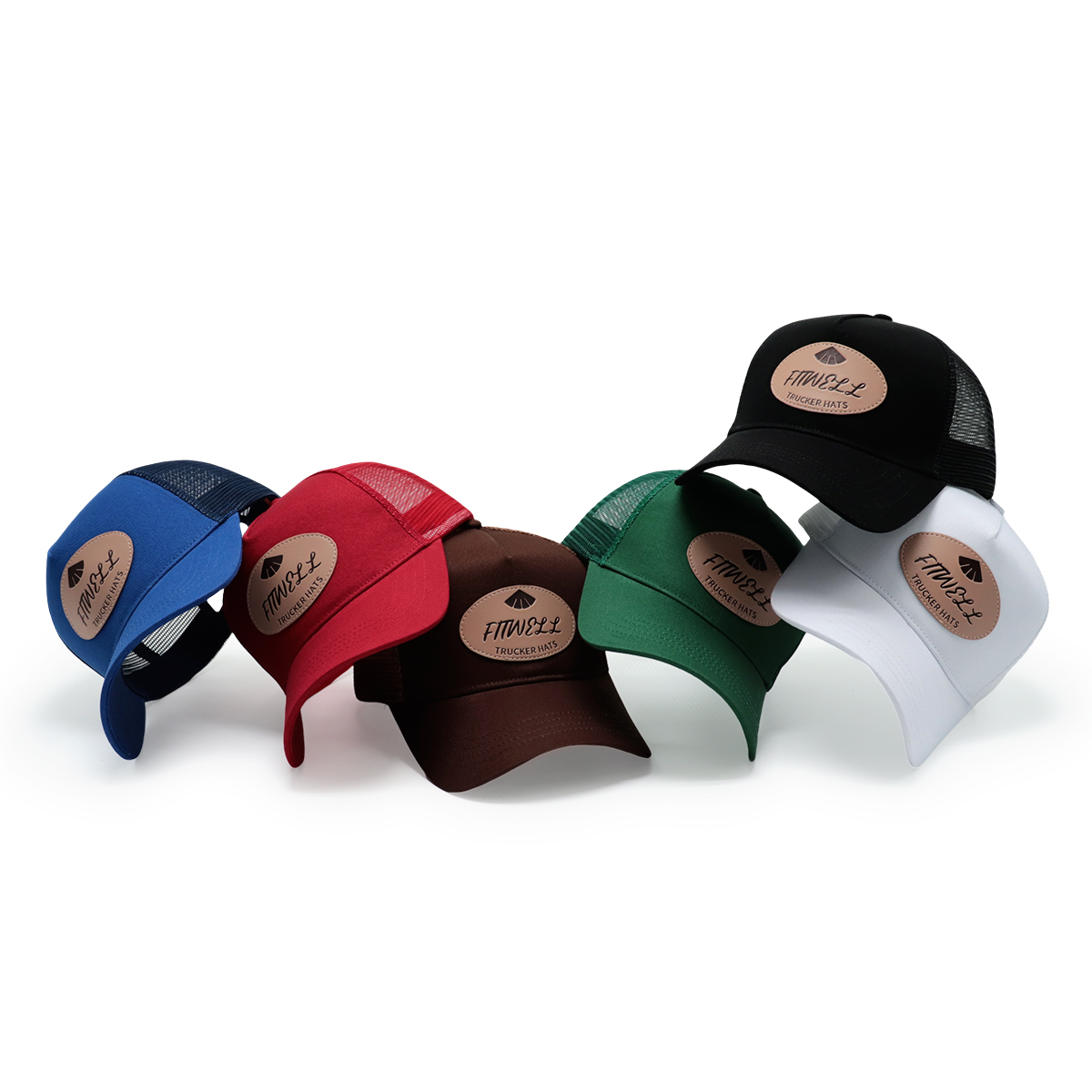 FITWELL Leather Patch Trucker Hat – Black Mesh Cap with Brown Logo Badge for Men & Women