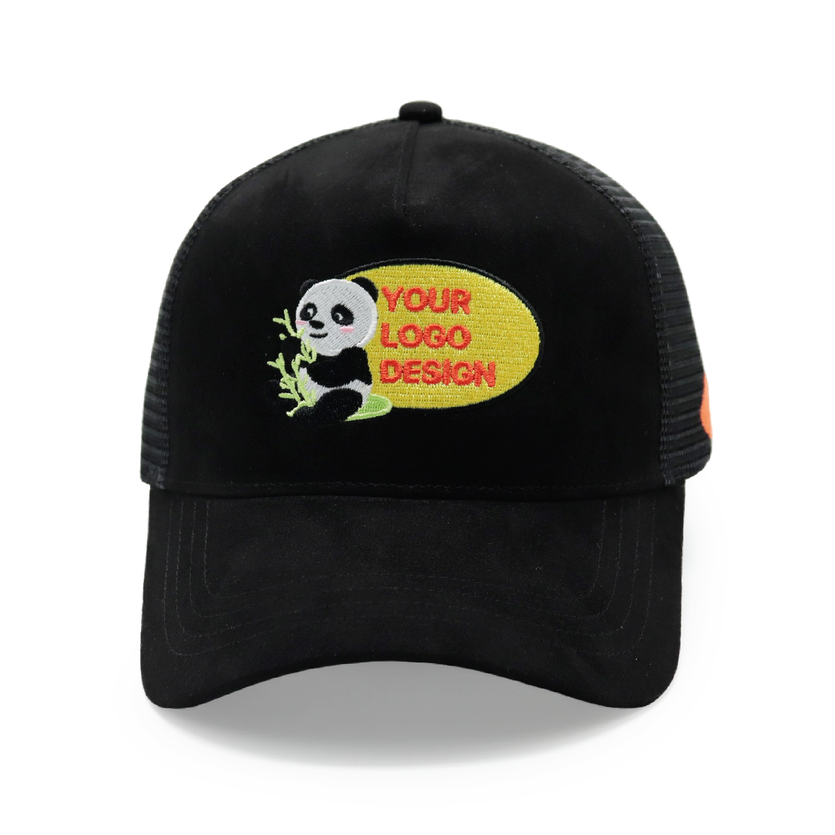 Custom Panda Embroidery Trucker Hat – Black Mesh Cap for Branding & Personal Logo