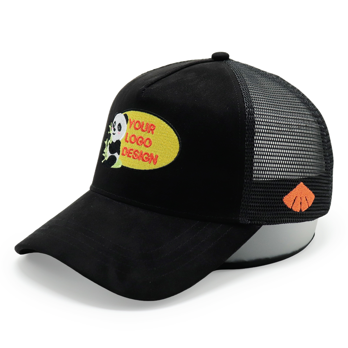 Custom Panda Embroidery Trucker Hat – Black Mesh Cap for Branding & Personal Logo