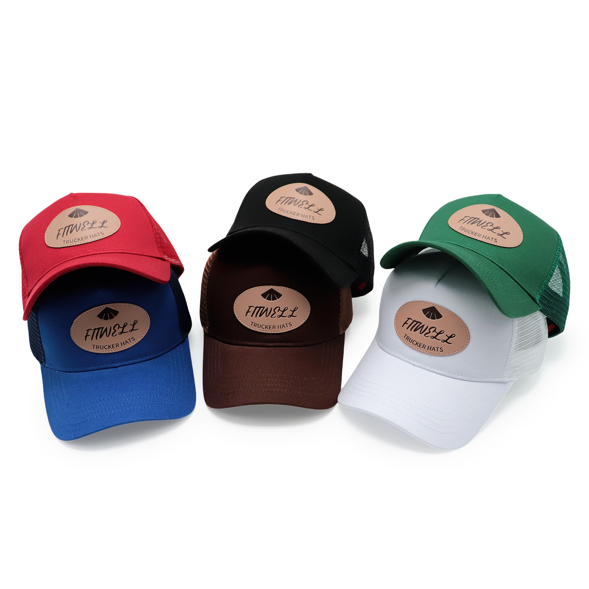 FITWELL Leather Patch Trucker Hat – Black Mesh Cap with Brown Logo Badge for Men & Women