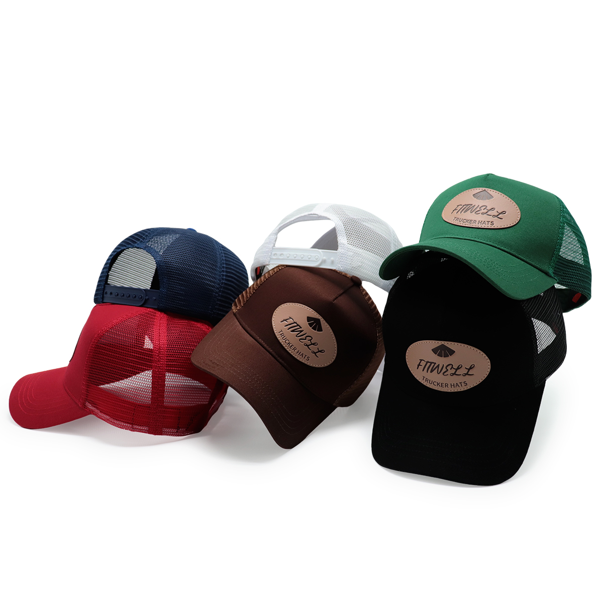 FITWELL Leather Patch Trucker Hat – Black Mesh Cap with Brown Logo Badge for Men & Women