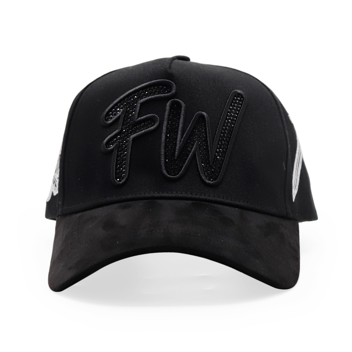 Black Suede Baseball Cap with Black Rhinestone FW 3D Logo and Sword Embroidery