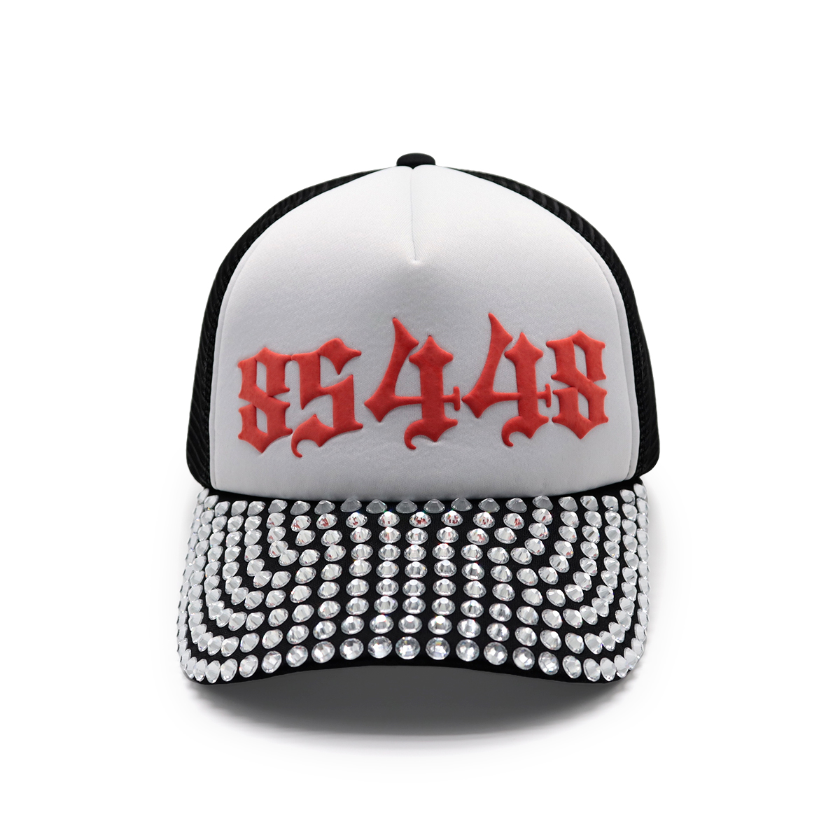 Rhinestone Brim Gothic Number Embroidered Trucker Hat – Bold 85448 Mesh Snapback Cap