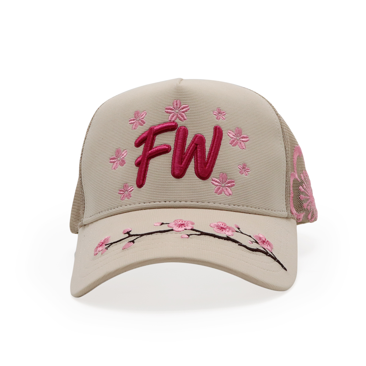 Beige Cherry Blossom 3D Embroidered Trucker Hat Pink Floral Mesh Back Cap