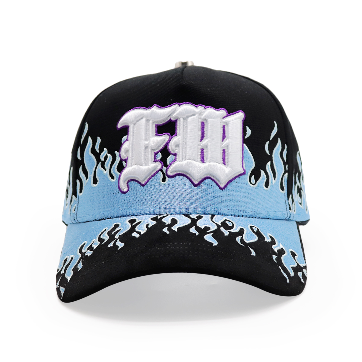 3D Puff Embroidered Flame Baseball Cap Black Blue Gothic Letter Streetwear Hat