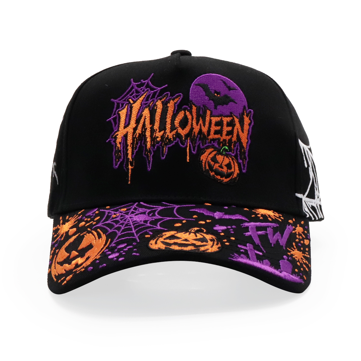 Halloween Embroidered Black Baseball Cap with Pumpkin Bat Spiderweb Graphics