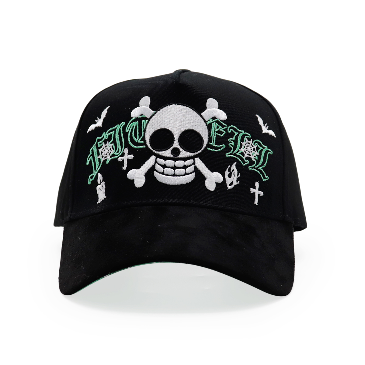 Black Baseball Cap with Skull Crossbones and Green Gothic Embroidery