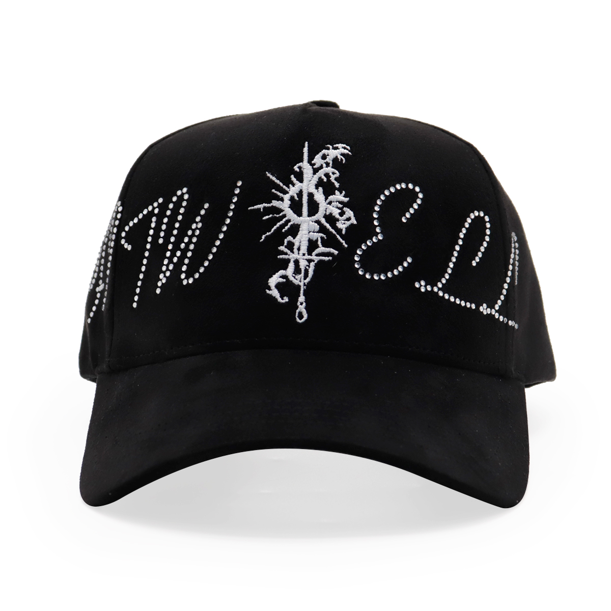 Black Rhinestone Embroidered Baseball Cap with Floral Print Lining