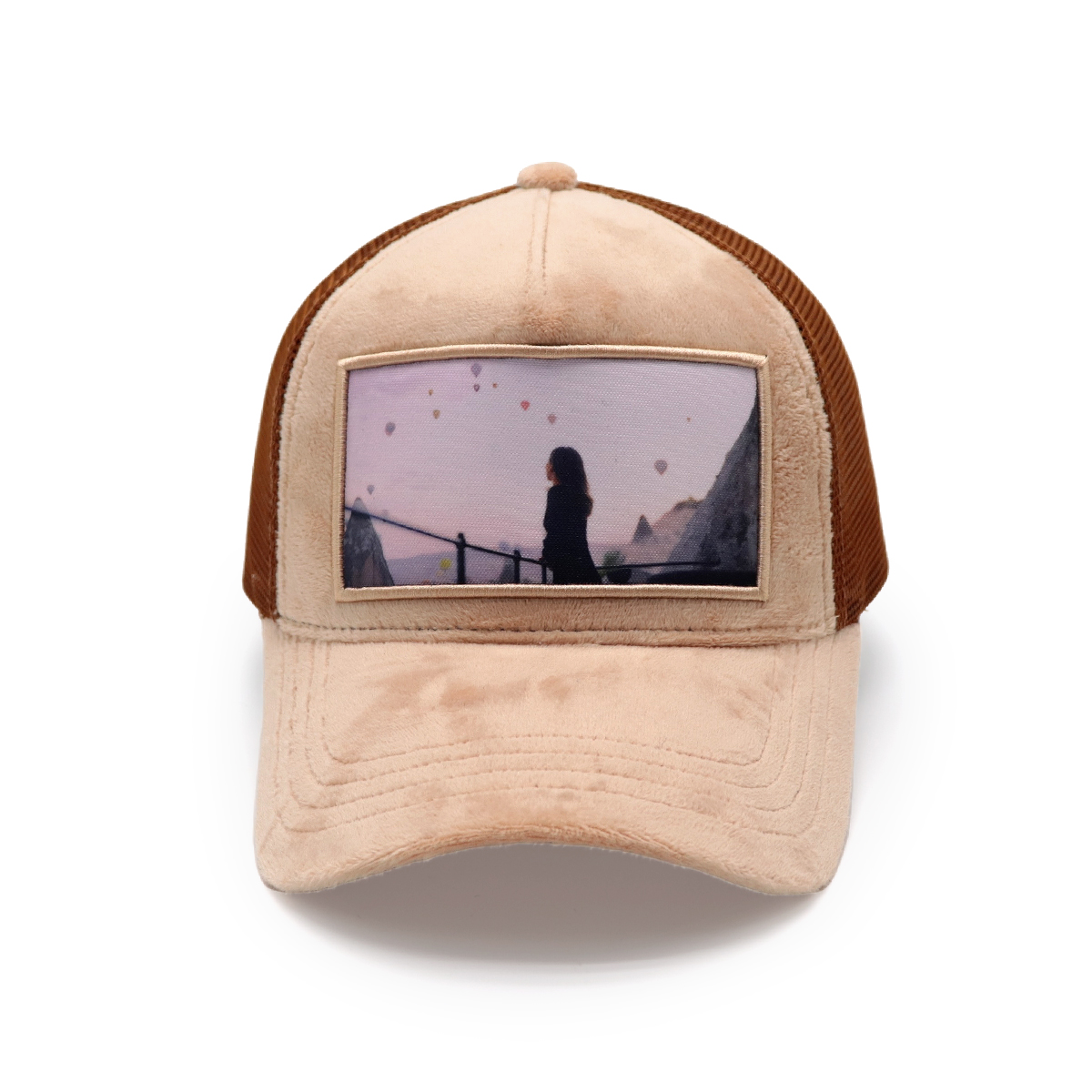 Vintage Aesthetic Suede Photo Patch Trucker Hat – Hot Air Balloon Landscape Mesh Cap