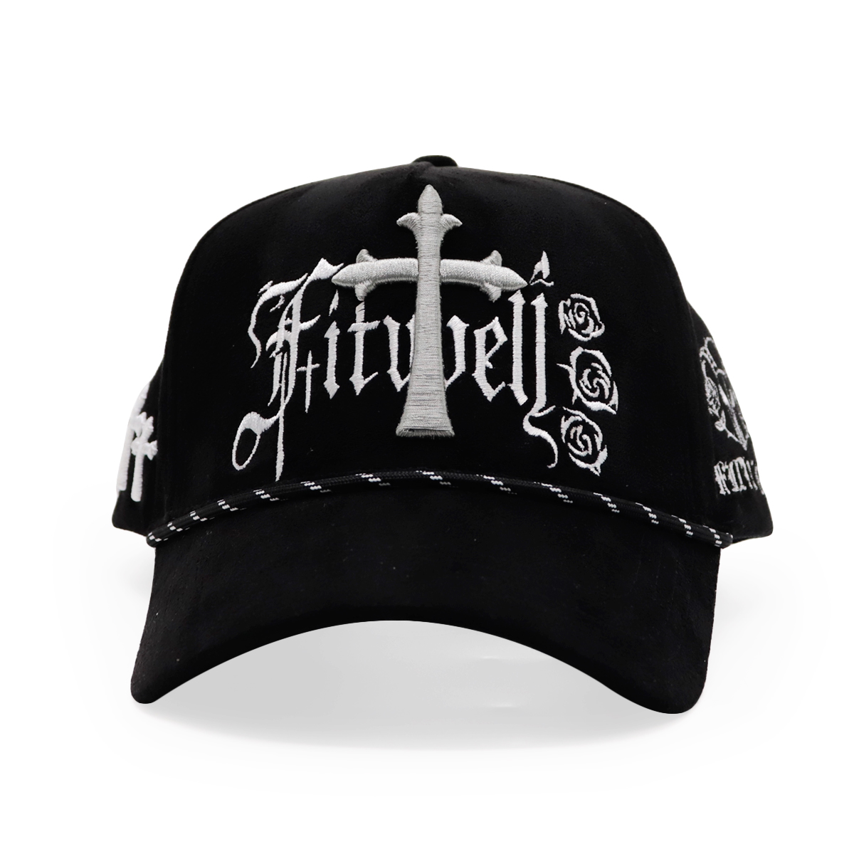 Black Gothic Cross Rose Embroidered Baseball Cap Rope Trim Streetwear Hat