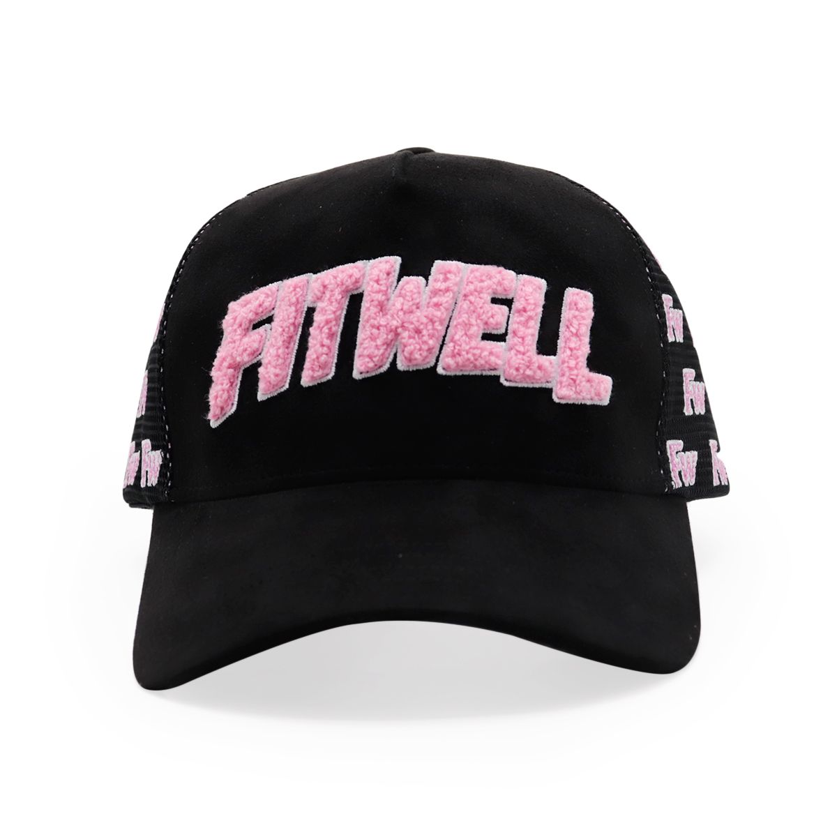 Black Velvet Mesh Trucker Cap with Pink FITWELL 3D Embroidery