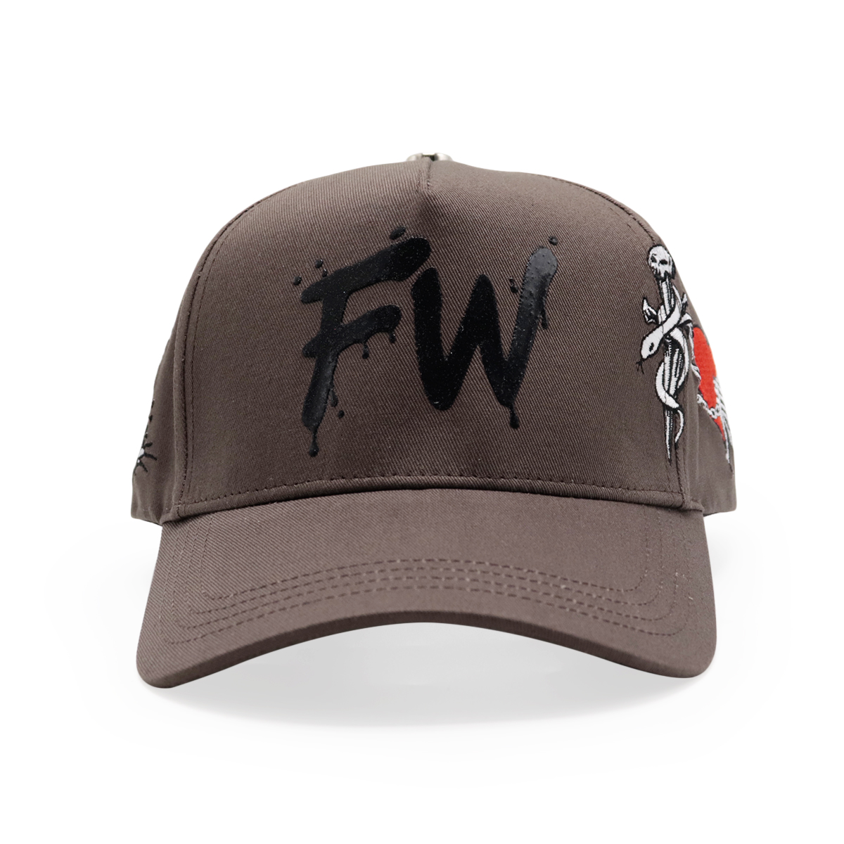 Brown Cotton Twill Baseball Cap with Black FW Logo and Dagger Heart Embroidery