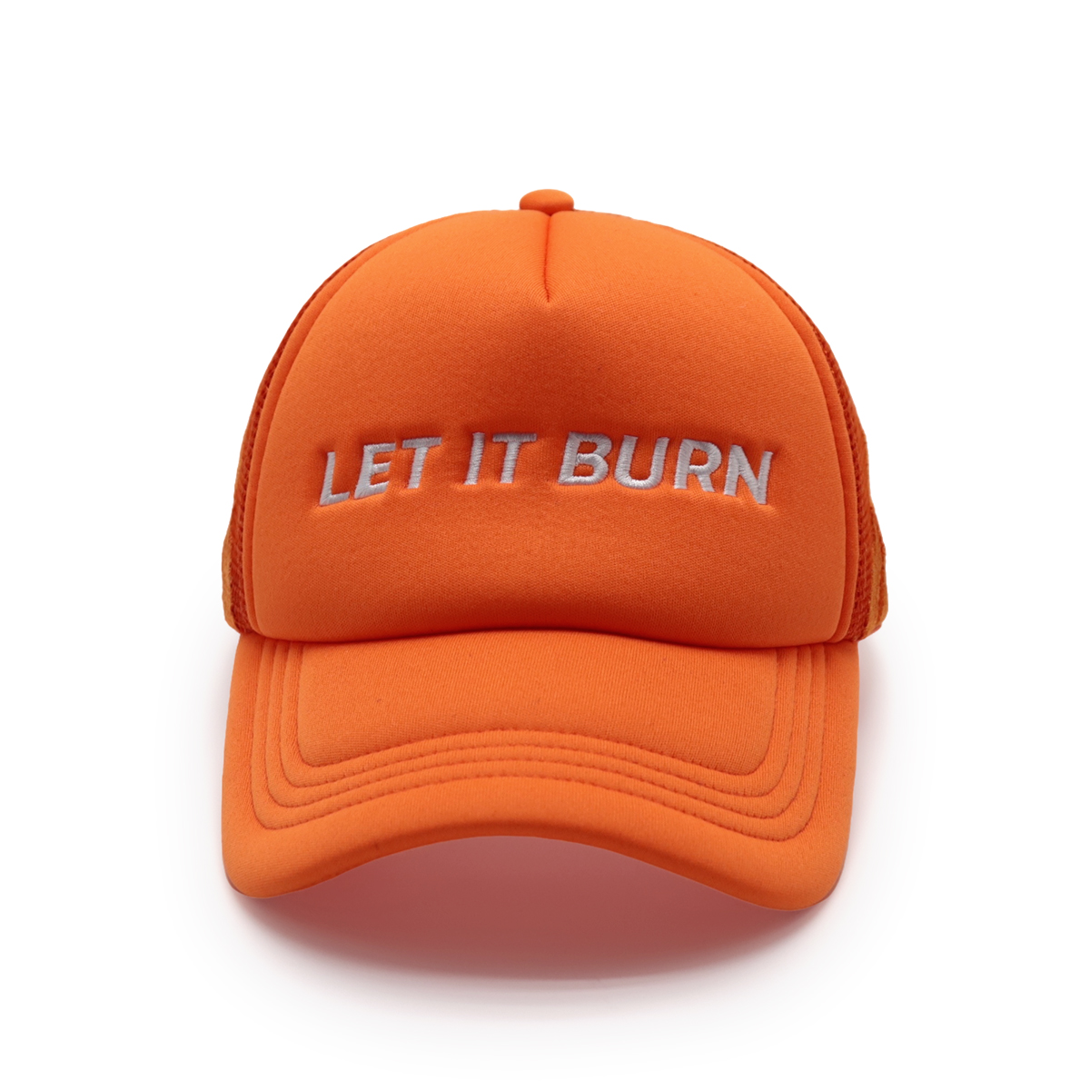 Orange “LET IT BURN” Embroidered Mesh Baseball Cap – Unisex Streetwear Trucker Hat