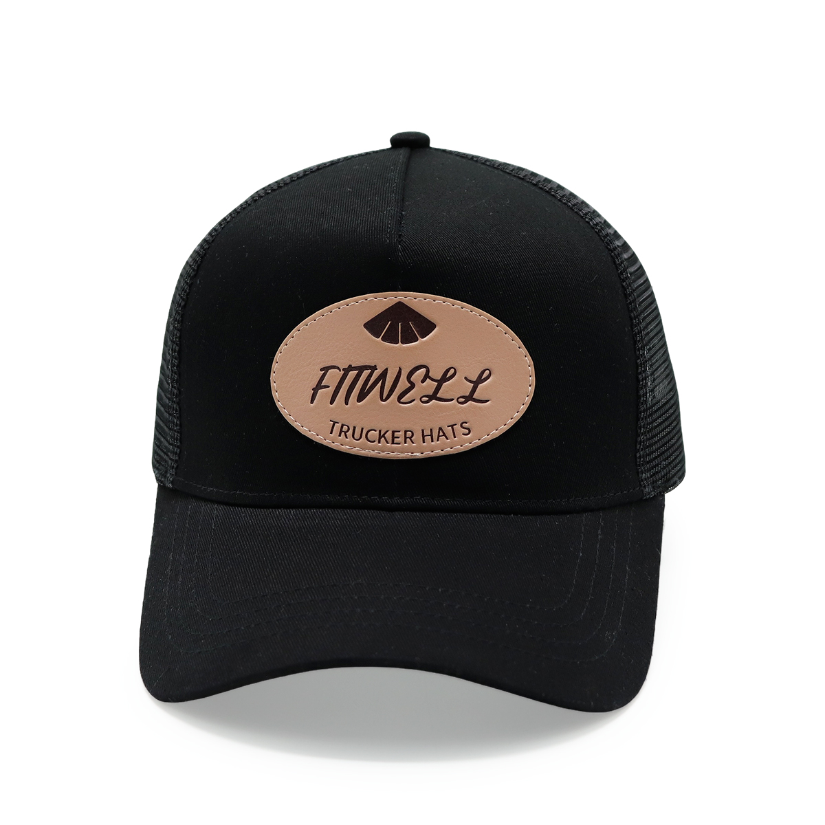 FITWELL Leather Patch Trucker Hat – Black Mesh Cap with Brown Logo Badge for Men & Women