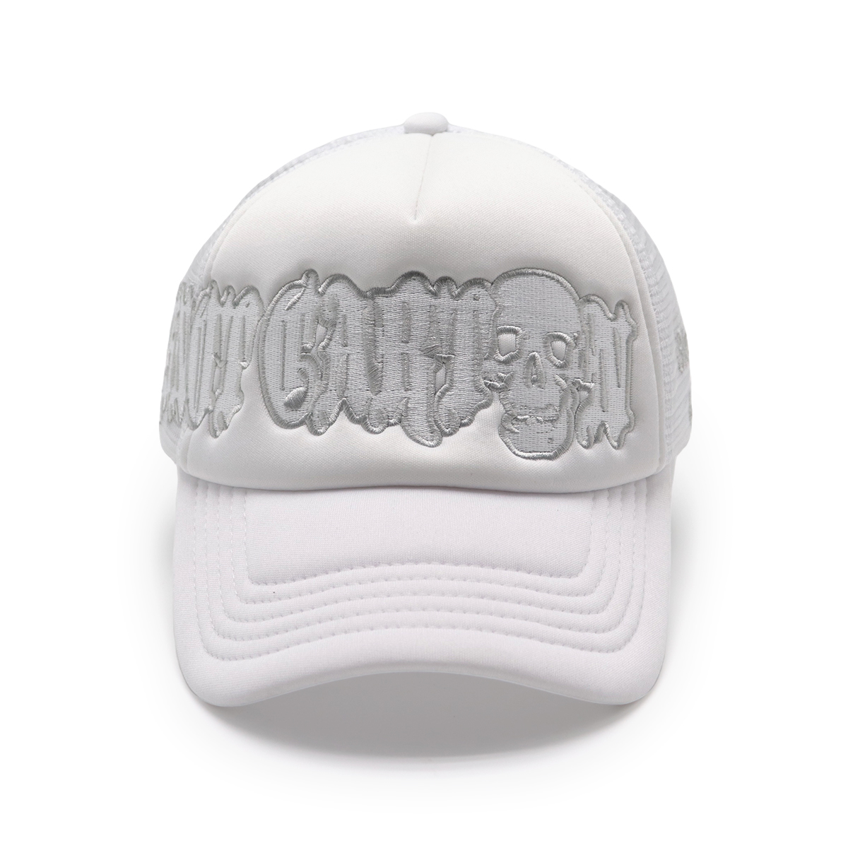 White Skull Embroidered Gothic Mesh Baseball Cap – Unisex Streetwear Trucker Hat