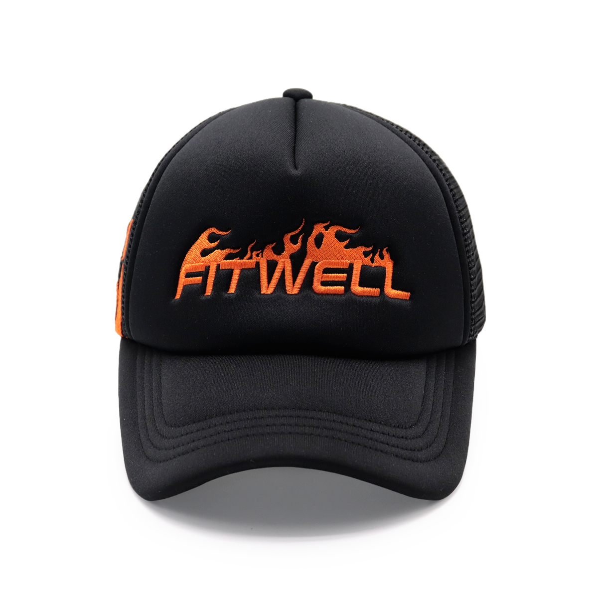 FITWELL Flame Embroidered Trucker Cap – Black Mesh Baseball Hat with Fire Lettering