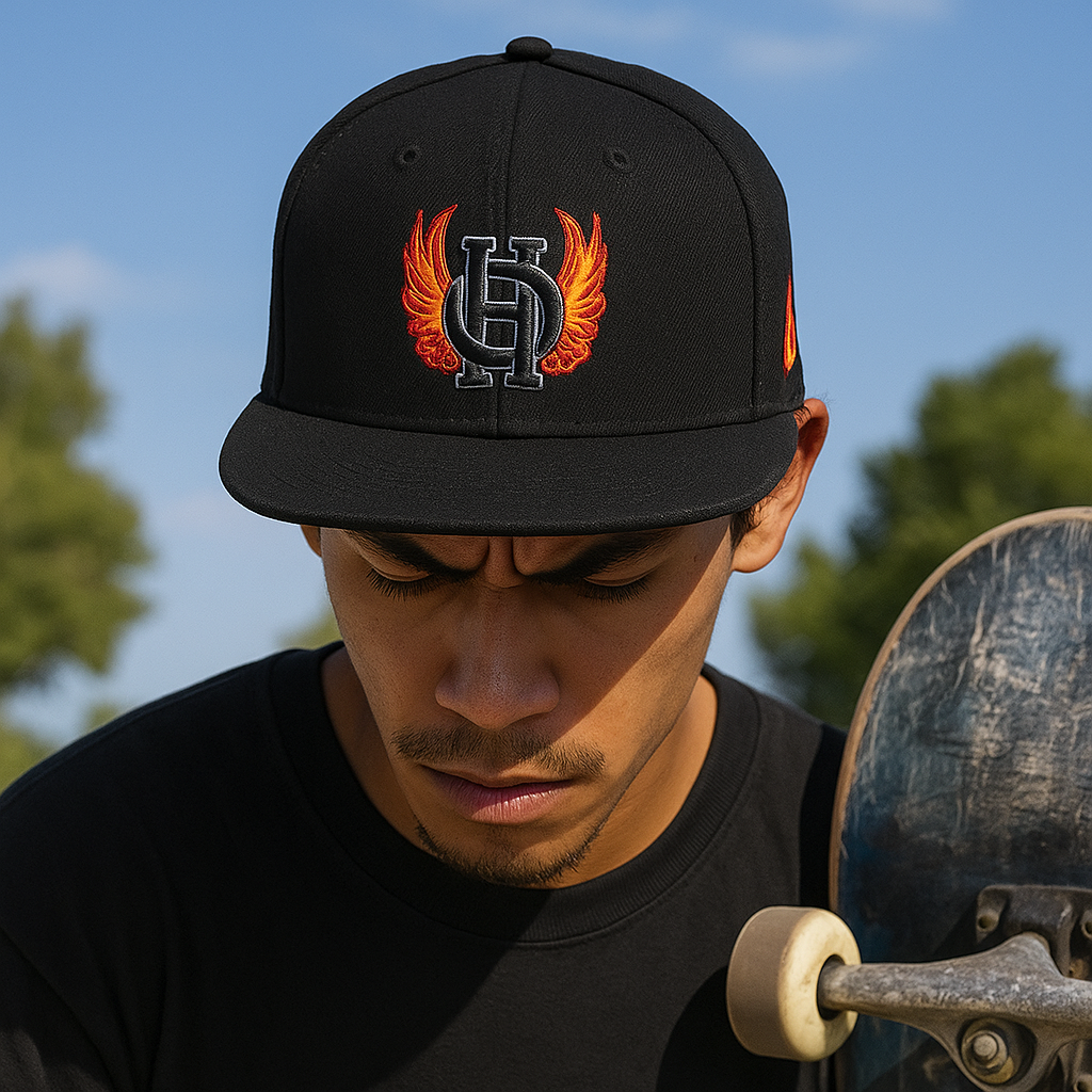 Urban Flame Wing Streetwear Black 6 Panel Custom 3D Embroidered Snapback Hat