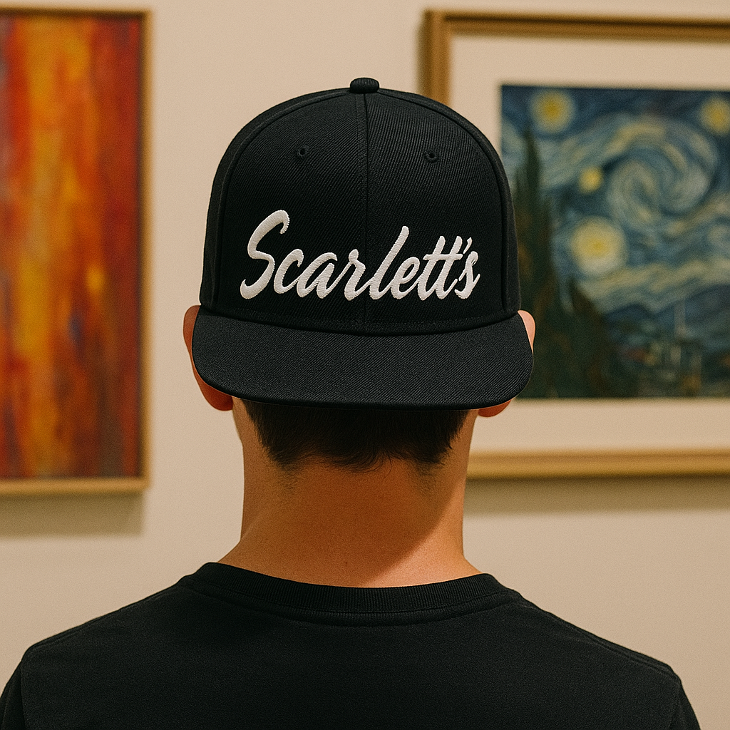 Scarlett's Script Logo Streetwear Black 6 Panel Custom 3D Embroidered Snapback Hat
