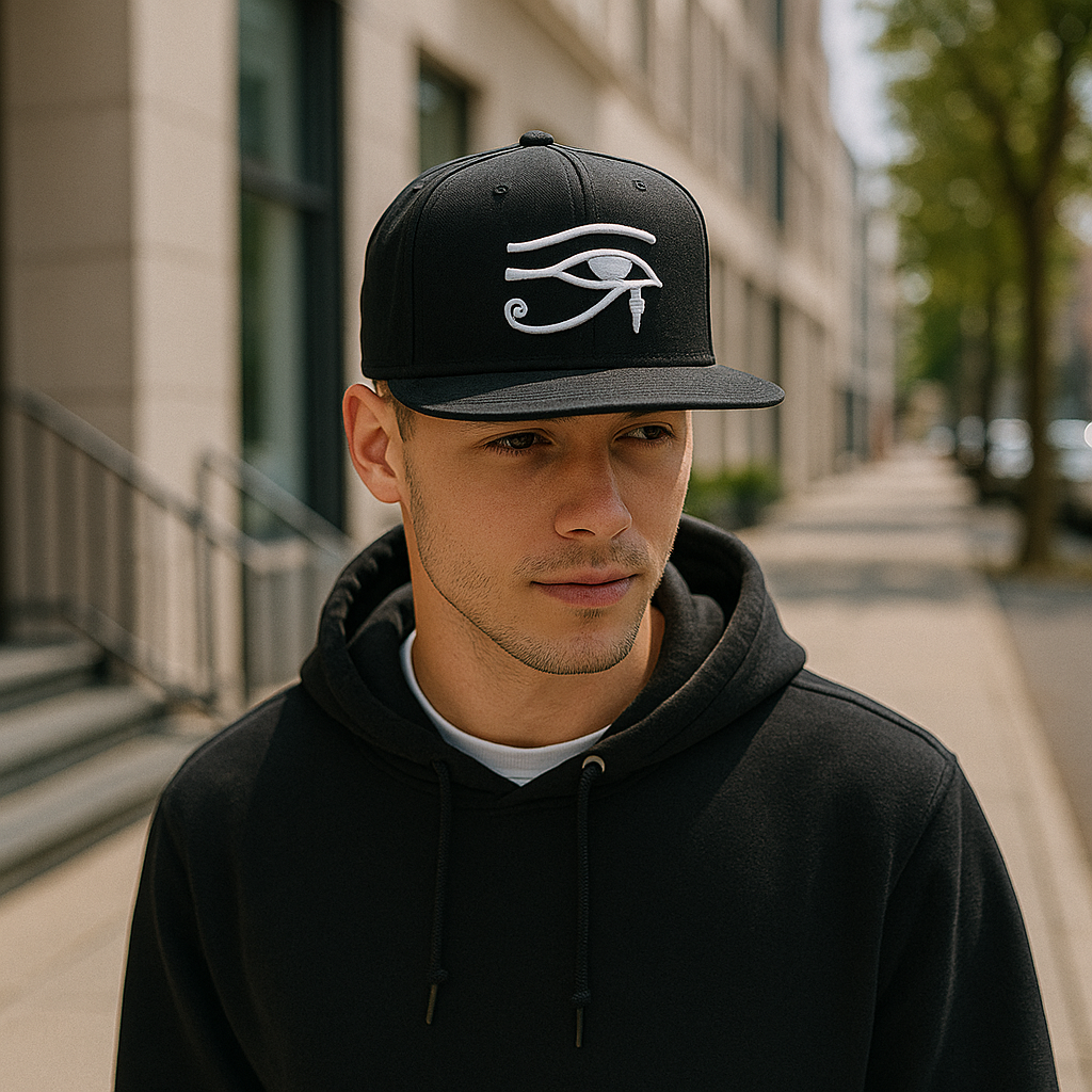 Eye of Horus Snapback – Black 6-Panel Flat Brim Cap