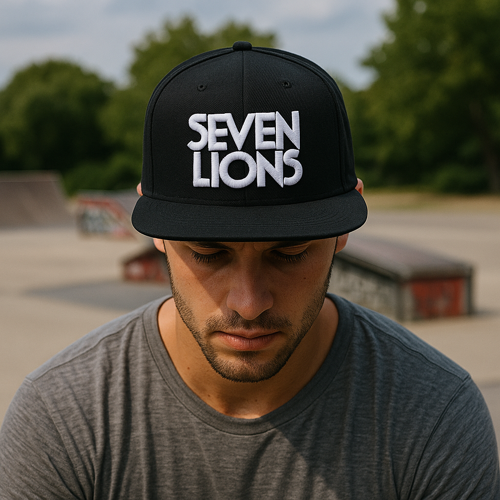 SEVEN LIONS Embroidered Snapback Hat – 3D Logo Black Flat Brim Cap