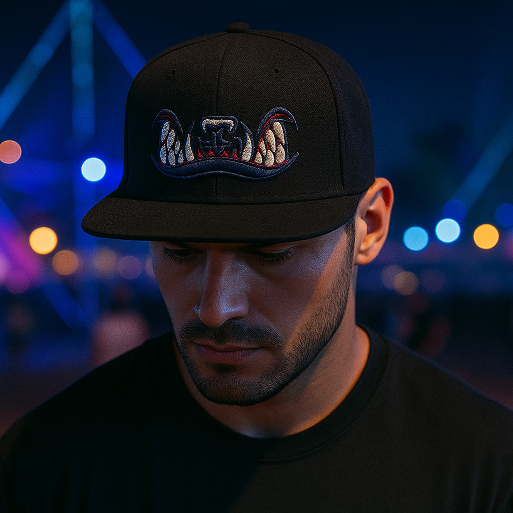 Monster Teeth Embroidered Flat Brim Cap – Black 3D Graphic Snapback