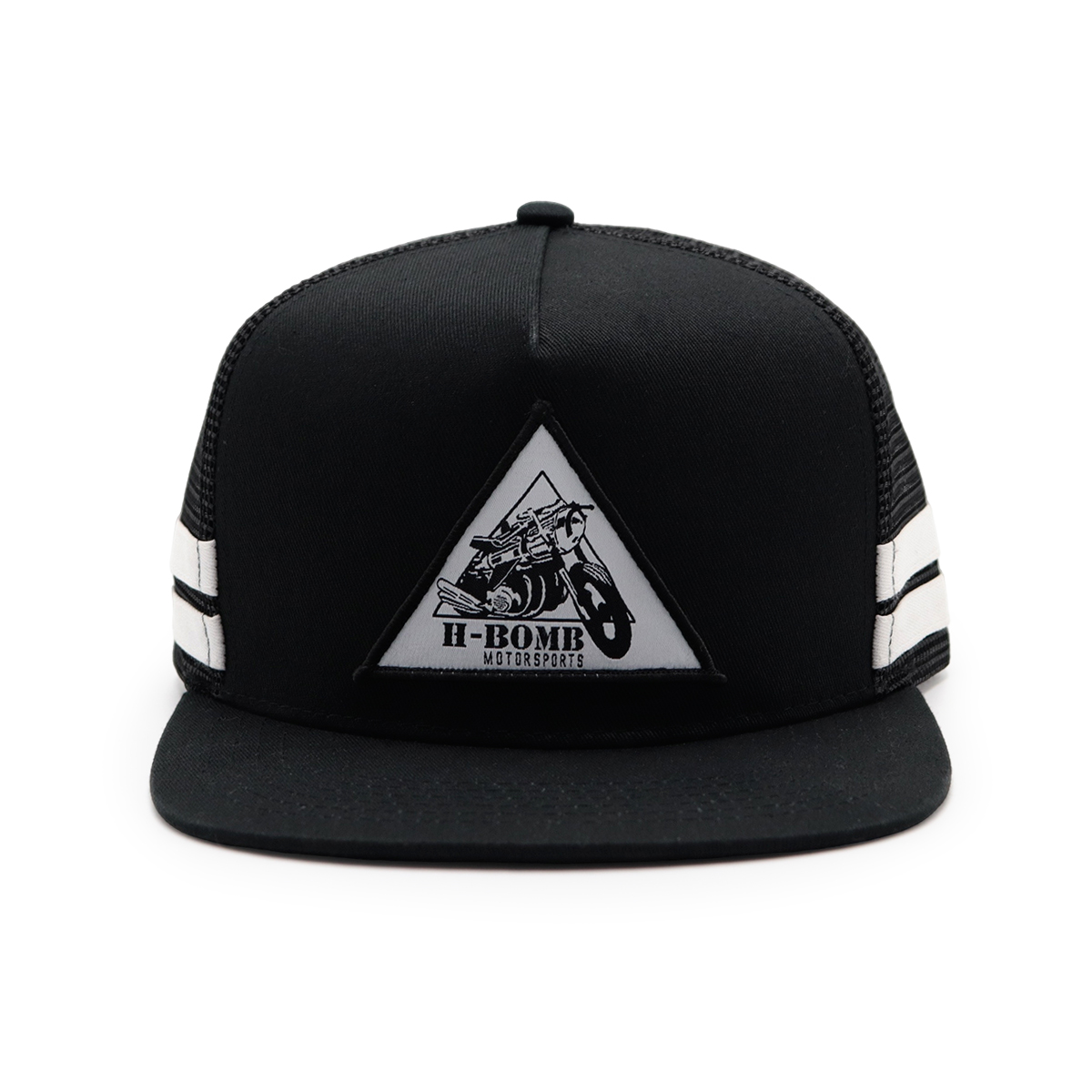 Black Flat Brim H-BOMB Patch Trucker Hat – Custom Snapback Mesh Cap for Motorsports Fans