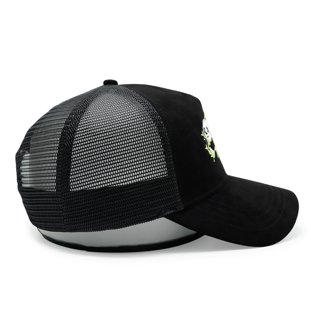Custom Panda Embroidery Trucker Hat – Black Mesh Cap for Branding & Personal Logo