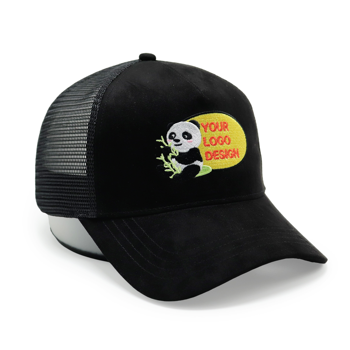 Custom Panda Embroidery Trucker Hat – Black Mesh Cap for Branding & Personal Logo