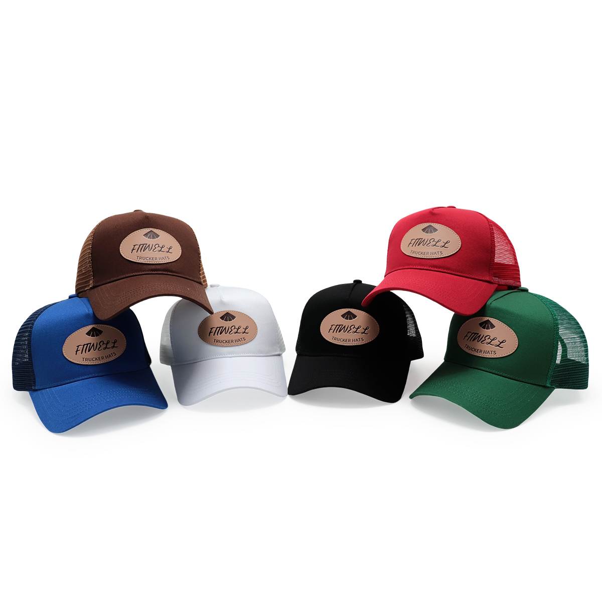 FITWELL Leather Patch Trucker Hat – Black Mesh Cap with Brown Logo Badge for Men & Women
