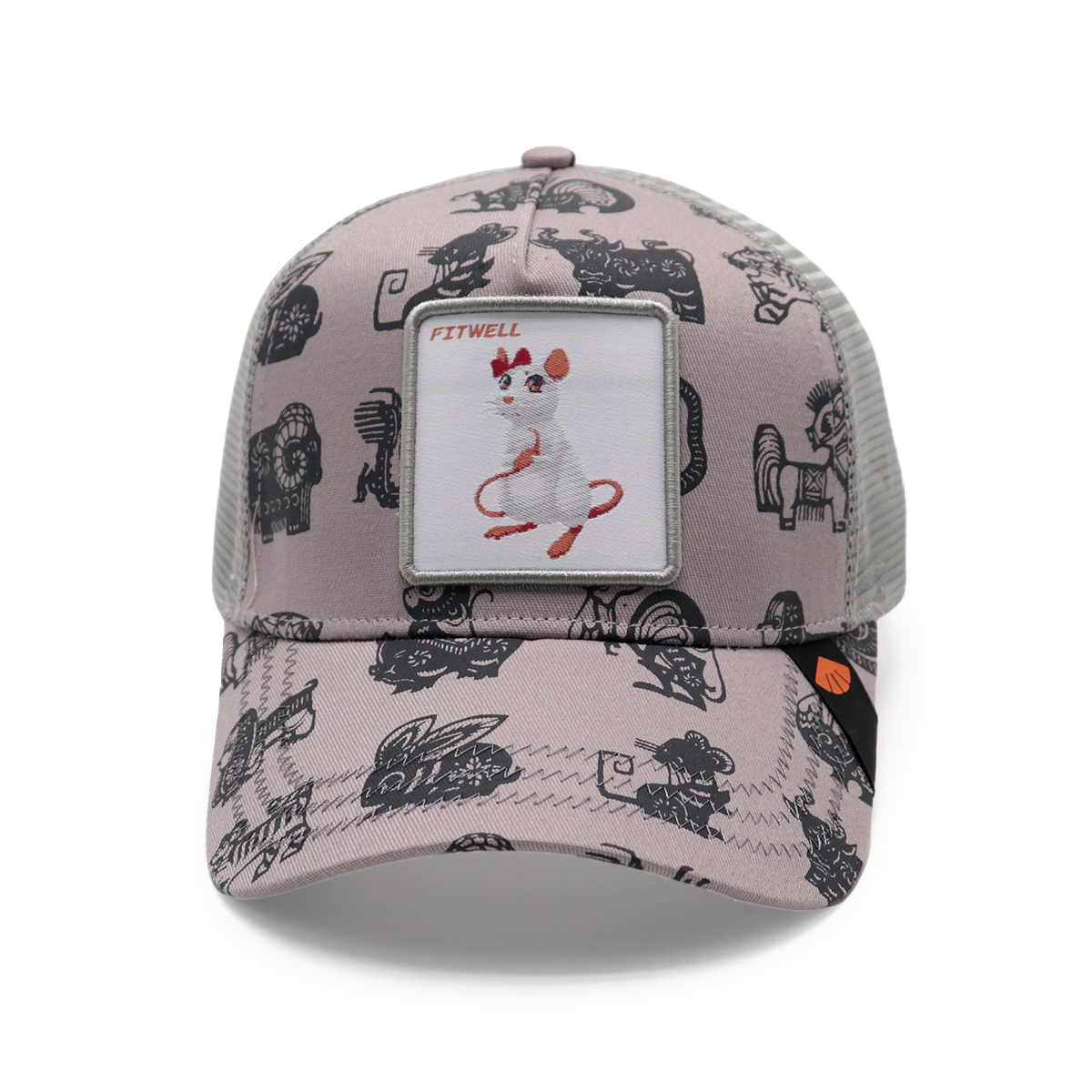 Gray Cartoon Print Cotton Twill Trucker Cap with Mouse Transfer Patch and Woven Label