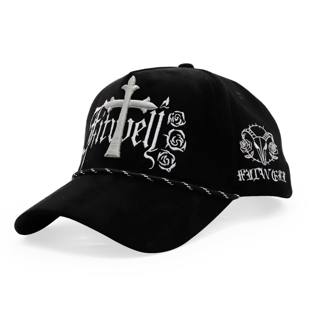 Black Gothic Cross Rose Embroidered Baseball Cap Rope Trim Streetwear Hat