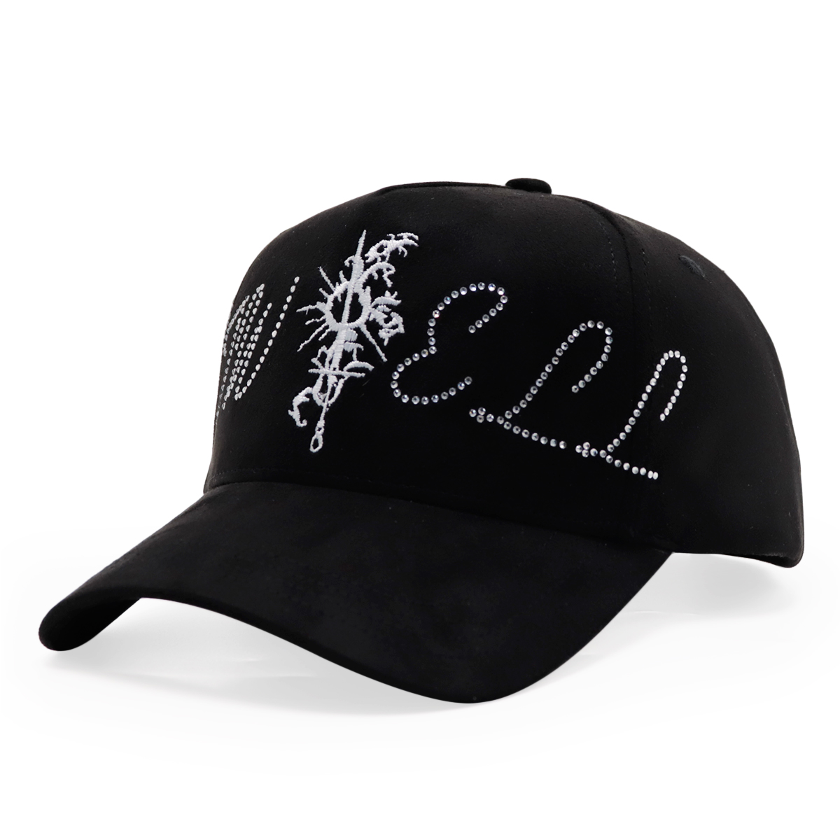 Black Rhinestone Embroidered Baseball Cap with Floral Print Lining