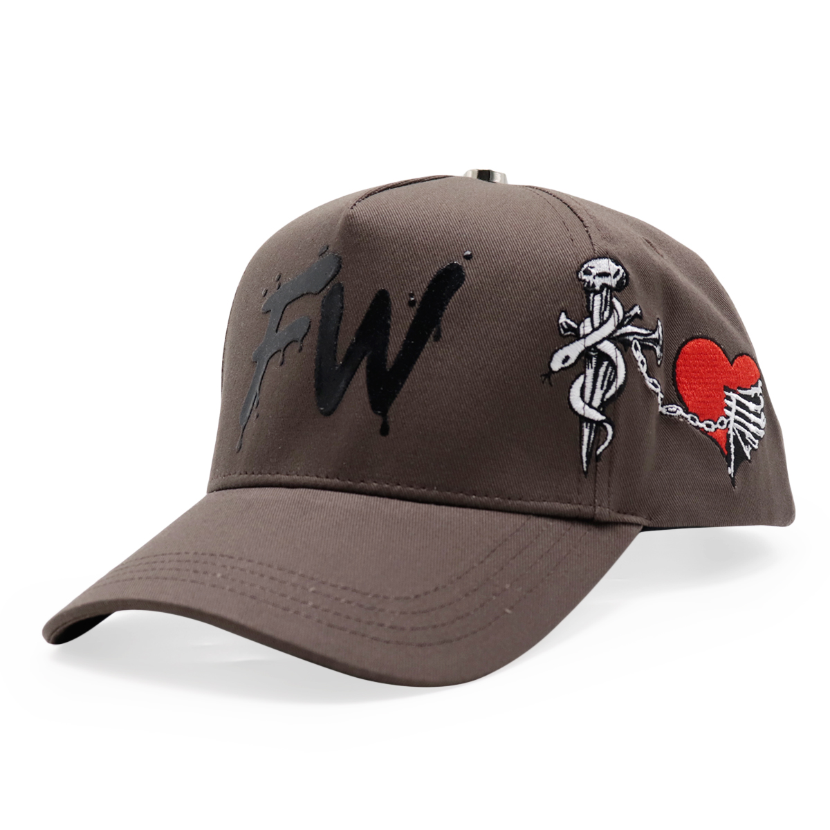 Brown Cotton Twill Baseball Cap with Black FW Logo and Dagger Heart Embroidery