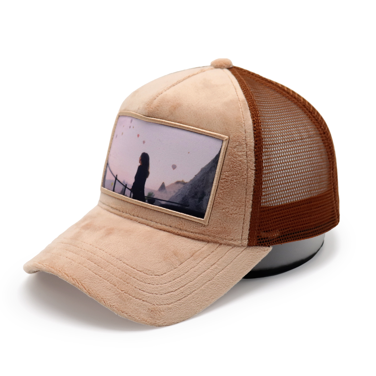 Vintage Aesthetic Suede Photo Patch Trucker Hat – Hot Air Balloon Landscape Mesh Cap