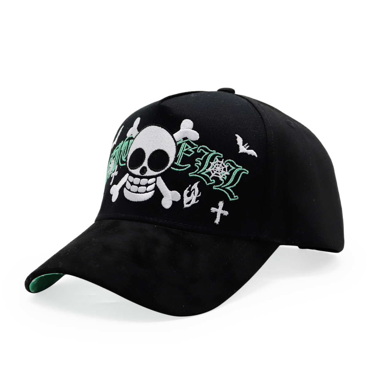 Black Baseball Cap with Skull Crossbones and Green Gothic Embroidery