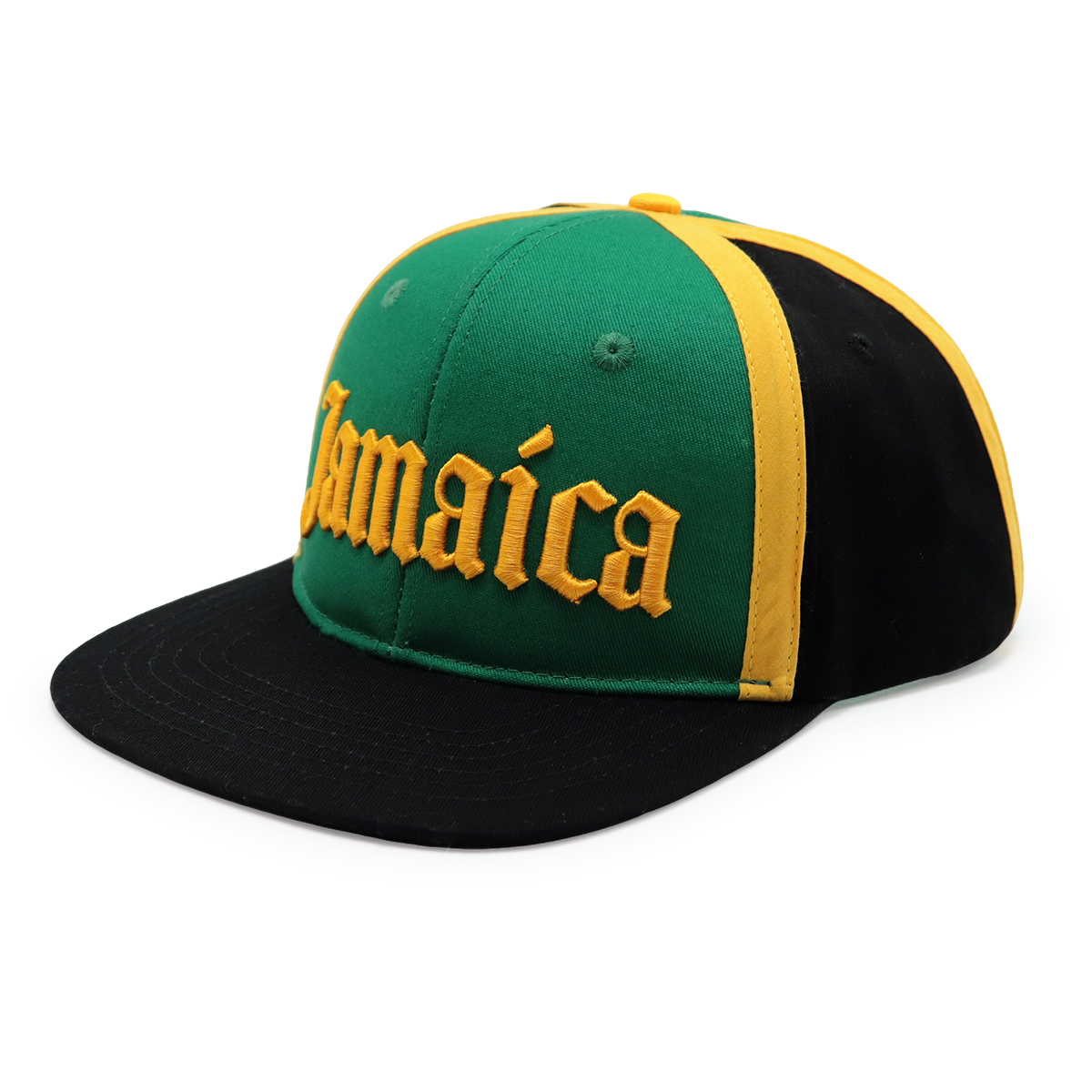 Jamaica Embroidered Flat Brim Snapback Hat – Green, Yellow & Black Cap