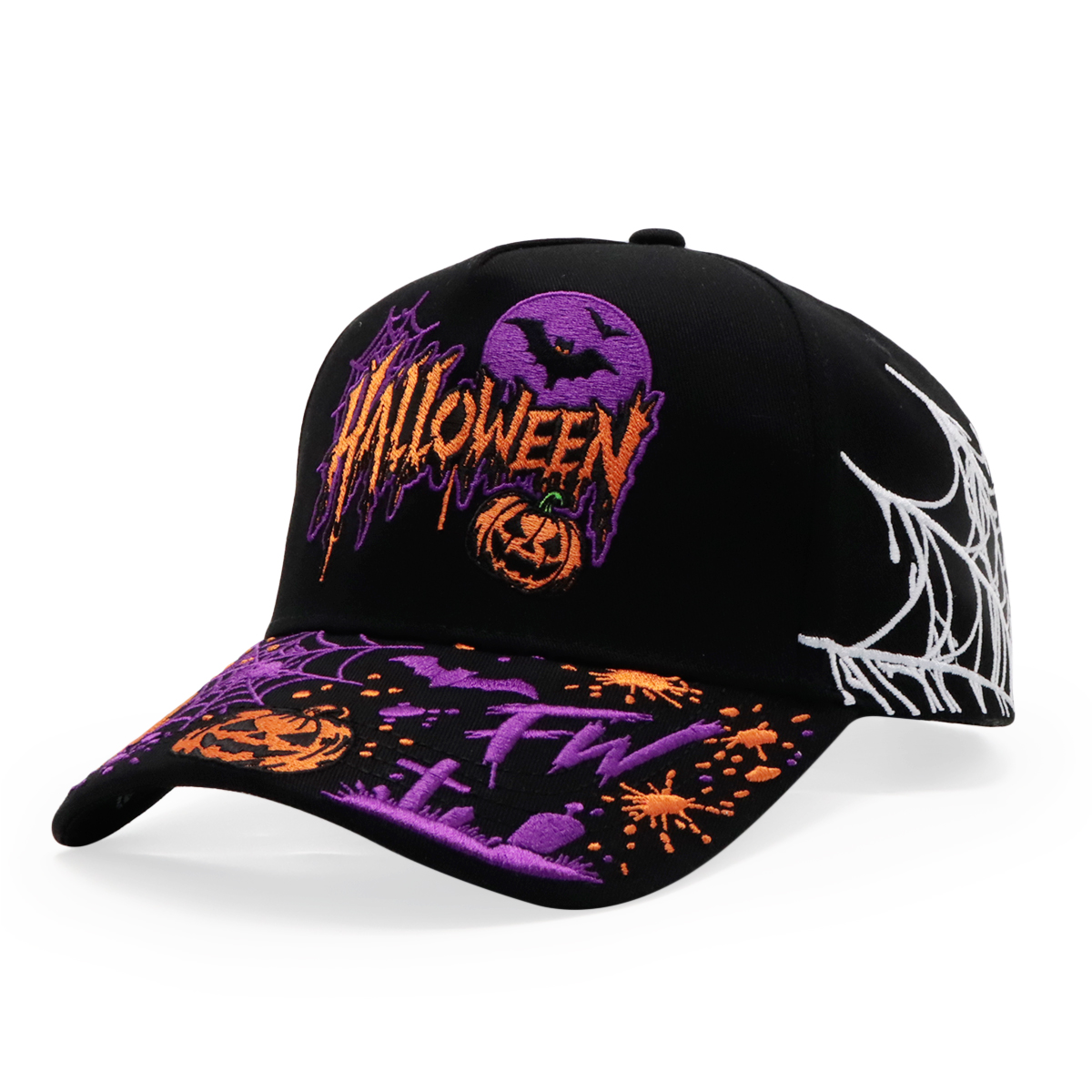 Halloween Embroidered Black Baseball Cap with Pumpkin Bat Spiderweb Graphics