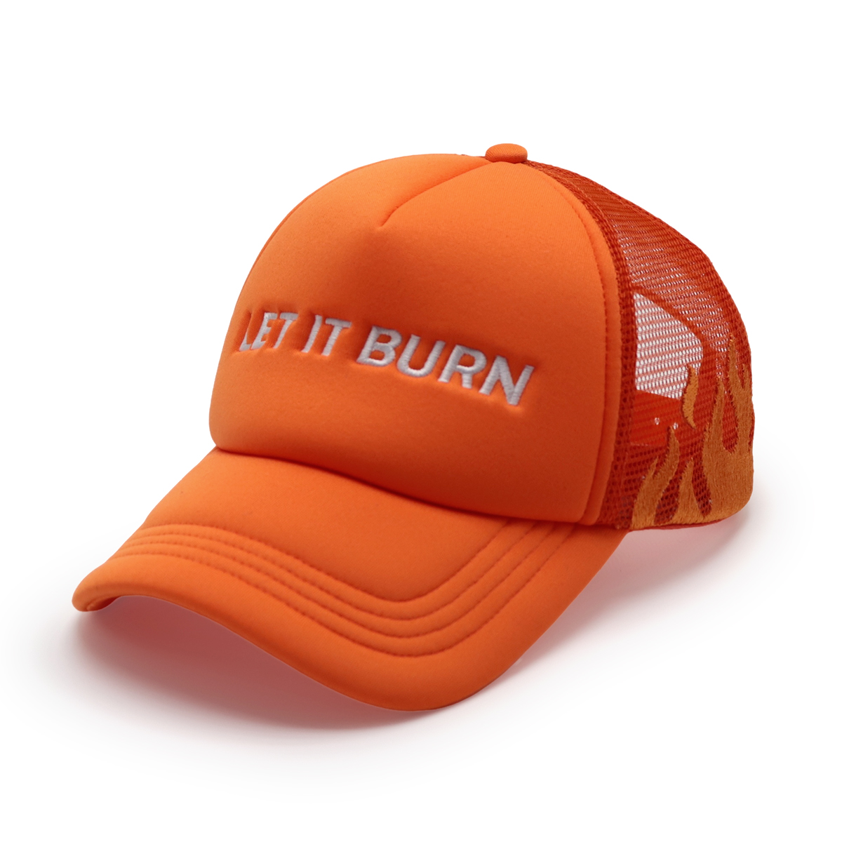 Orange “LET IT BURN” Embroidered Mesh Baseball Cap – Unisex Streetwear Trucker Hat