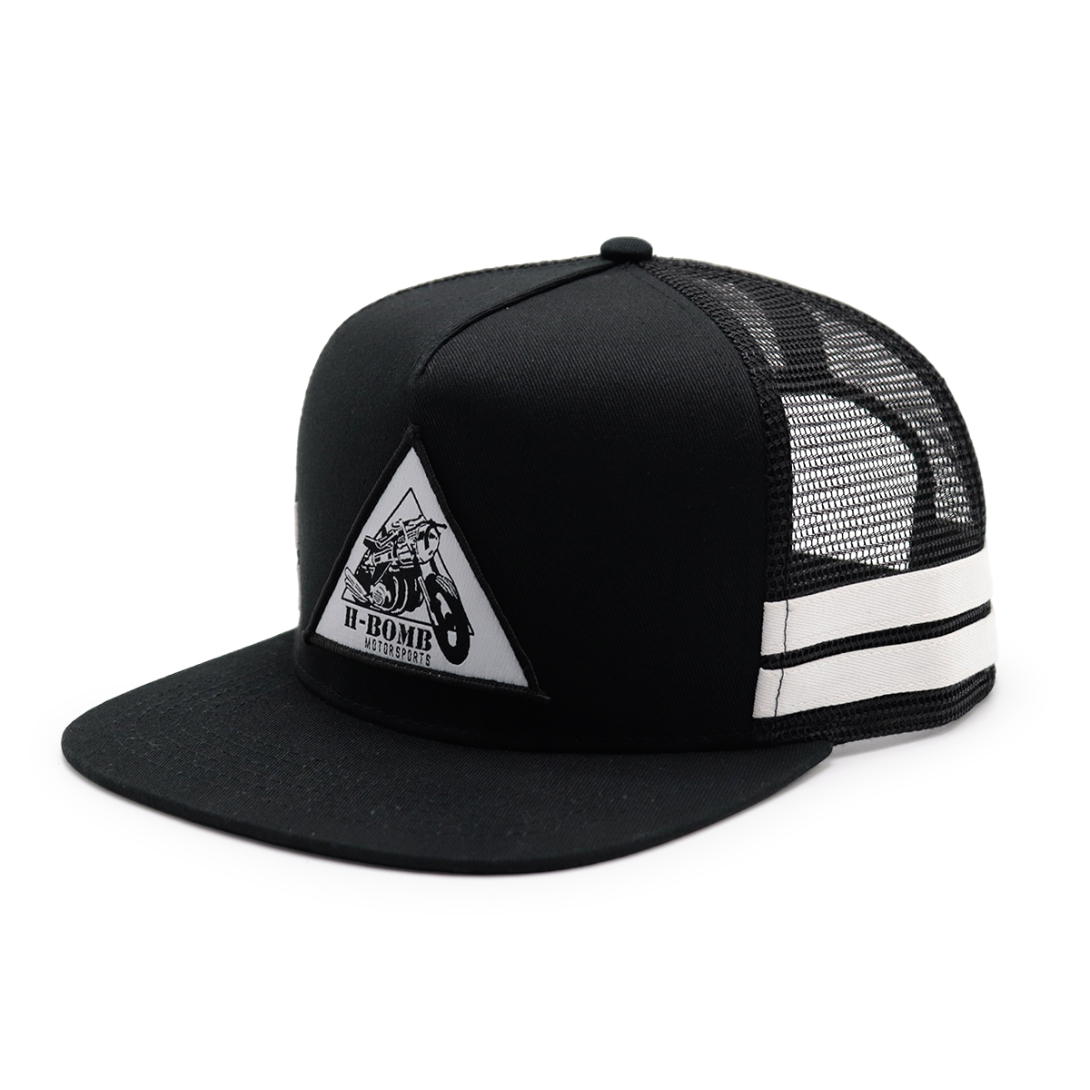 Black Flat Brim H-BOMB Patch Trucker Hat – Custom Snapback Mesh Cap for Motorsports Fans