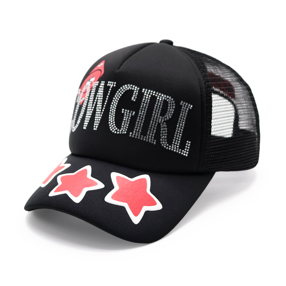 COWGIRL Rhinestone Baseball Cap Trucker Hat – Adjustable Black Mesh Cap with Red Stars for Women and Men
