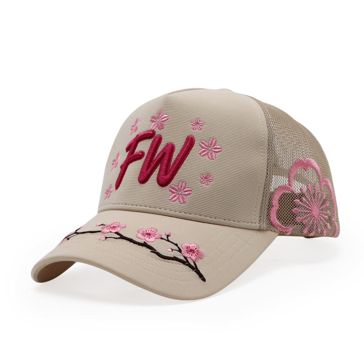 Beige Cherry Blossom 3D Embroidered Trucker Hat Pink Floral Mesh Back Cap