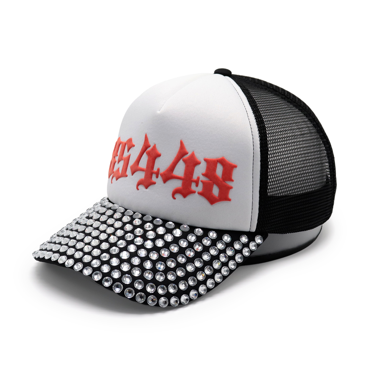 Rhinestone Brim Gothic Number Embroidered Trucker Hat – Bold 85448 Mesh Snapback Cap
