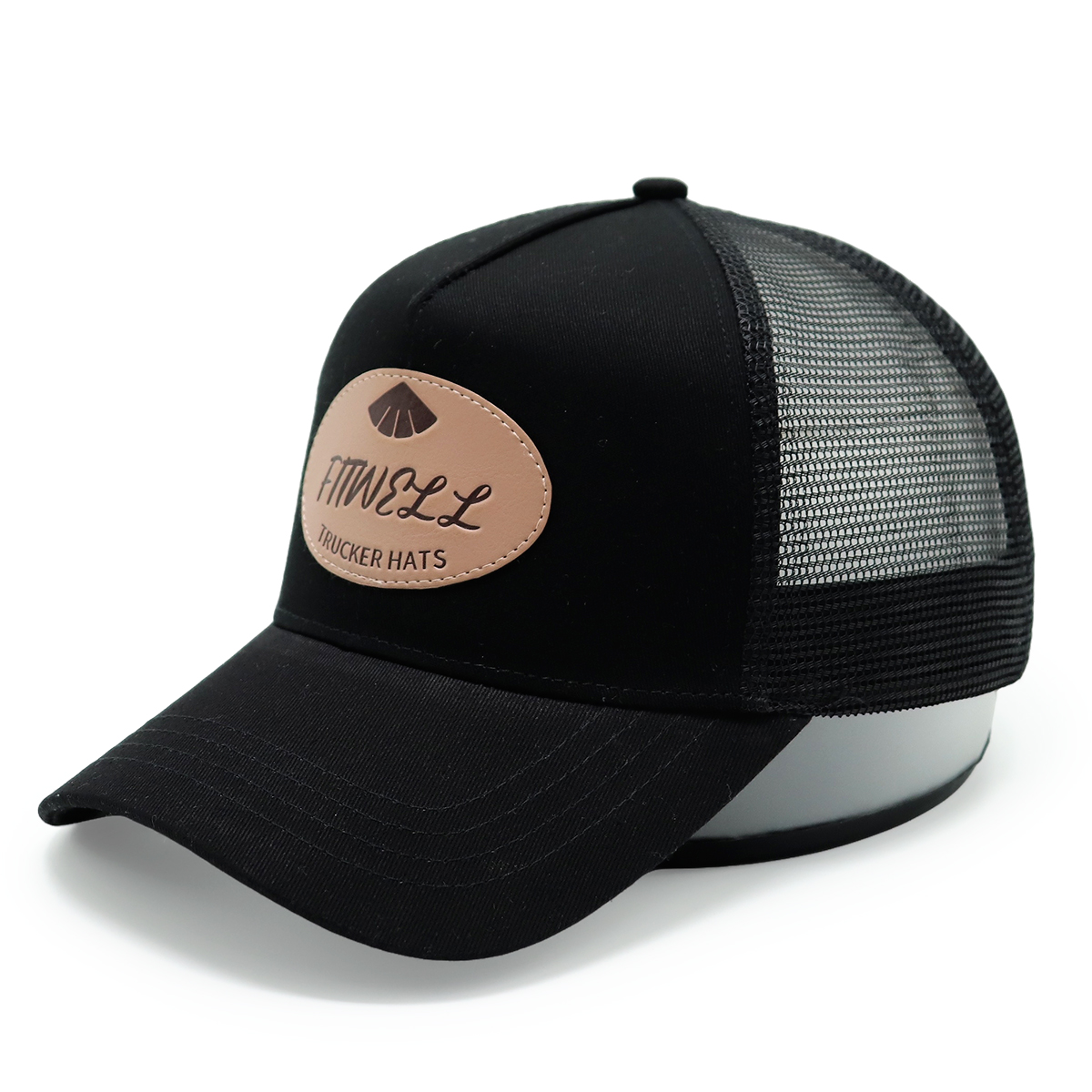 FITWELL Leather Patch Trucker Hat – Black Mesh Cap with Brown Logo Badge for Men & Women