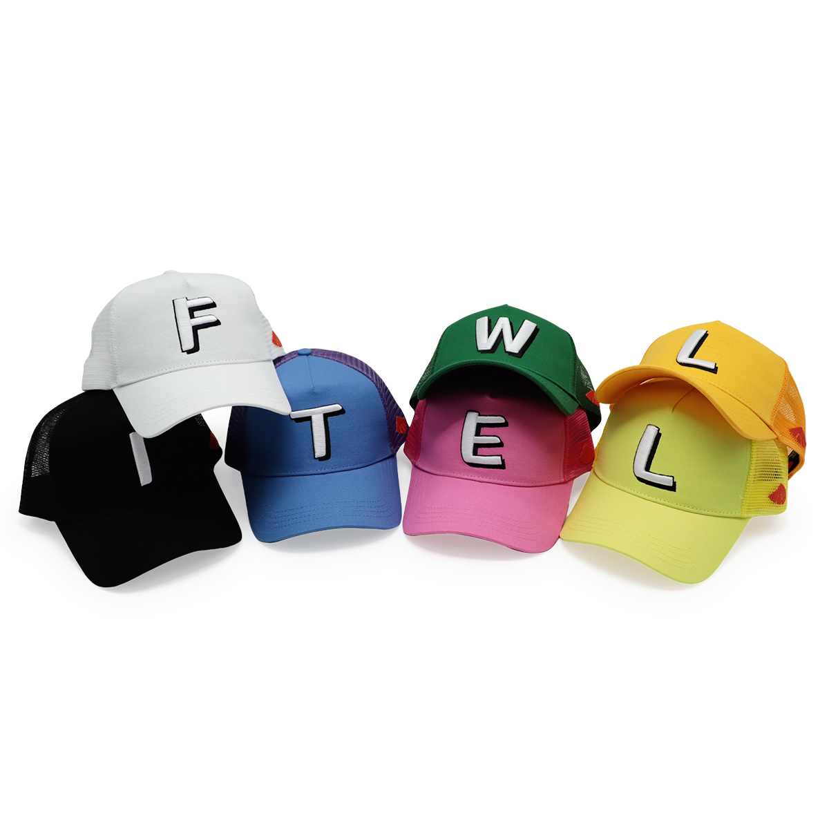 FITWELL Colorful Letter Mesh Trucker Caps – 7-Color Alphabet Cap Set for Men & Women