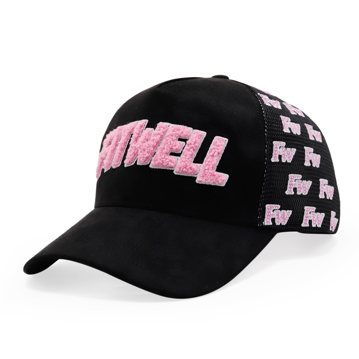 Black Velvet Mesh Trucker Cap with Pink FITWELL 3D Embroidery