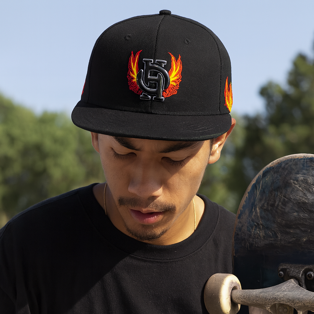 Urban Flame Wing Streetwear Black 6 Panel Custom 3D Embroidered Snapback Hat