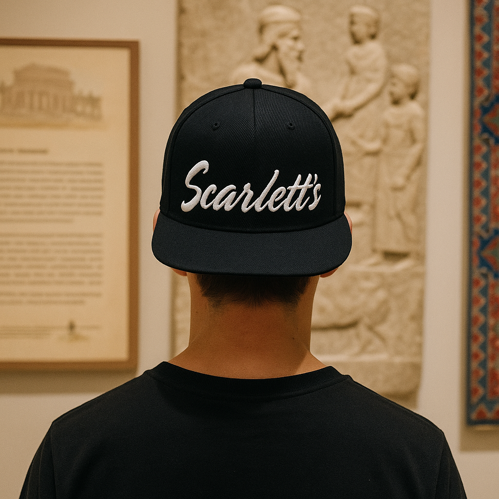 Scarlett's Script Logo Streetwear Black 6 Panel Custom 3D Embroidered Snapback Hat