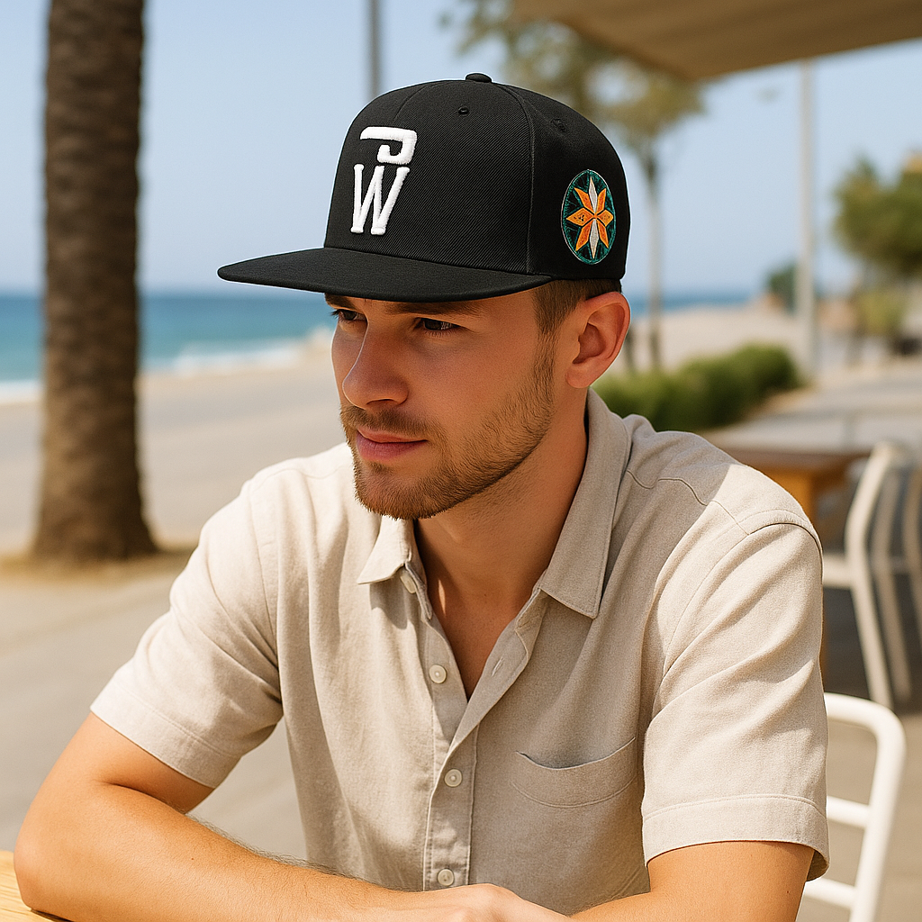 Two-Side Embroidered Snapback Cap with Abstract and Color Crest