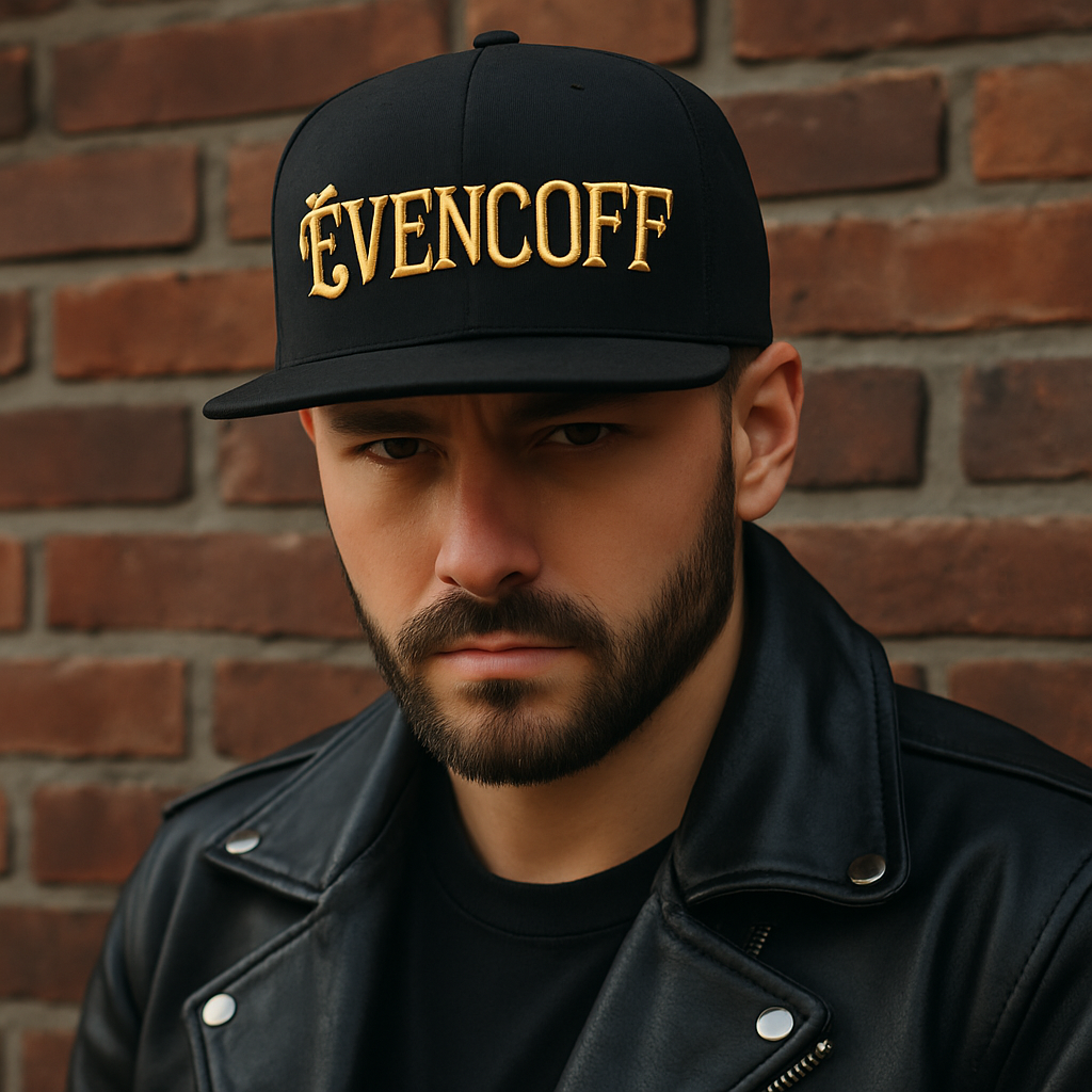 EVENCOFF Gothic Font Snapback – Black Cap with Gold 3D Embroidery