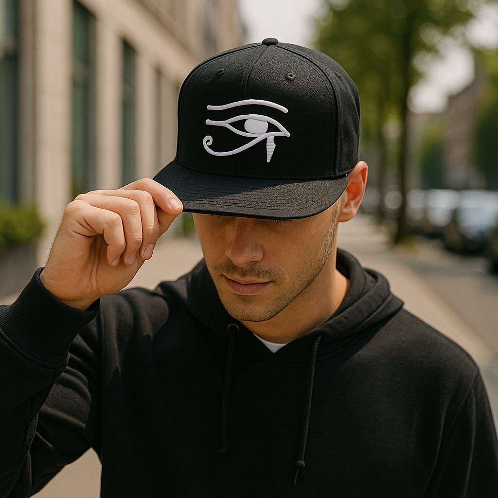 Eye of Horus Snapback – Black 6-Panel Flat Brim Cap